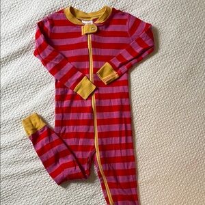 Hanna Andersson Pink, Red, & Yellow Striped Kids Footless, zipped onesie 3T